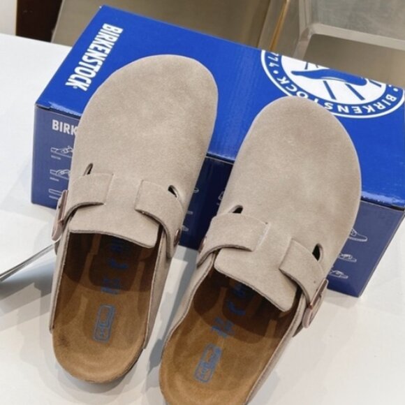Birkenstock Boston Narrow | Wide Suede Leather Women Men Taupe Shoes - Picture 4 of 9